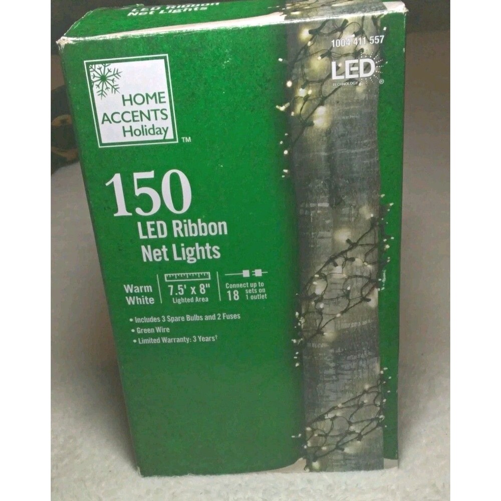 Home Accents Holiday 150 LED Ribbon Net Lights Warm White 7.5x8ft Green Wire